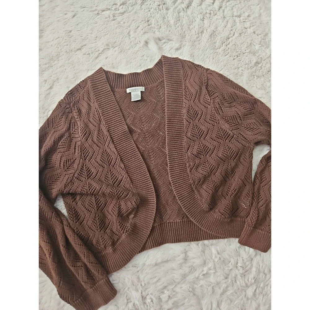 Worthington Cropped Cardigan Sweater XL Brown Open Front Pointelle Knit Cotton